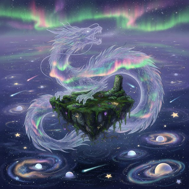 Whispers of mythic power coalesce into a spectral dragon, its form translucent and shimmering with auroral light, coiled around a floating island within a boundless celestial sea. Star-filled oceans stretch to the horizon, dotted with shimmering celestial bodies. The art style blends ethereal fantasy illustration with a subtle nod to ancient mythology, focusing on flowing lines and soft, glowing colors. The atmosphere is one of profound mystery and ancient magic. — Grok Imagine Image Quality