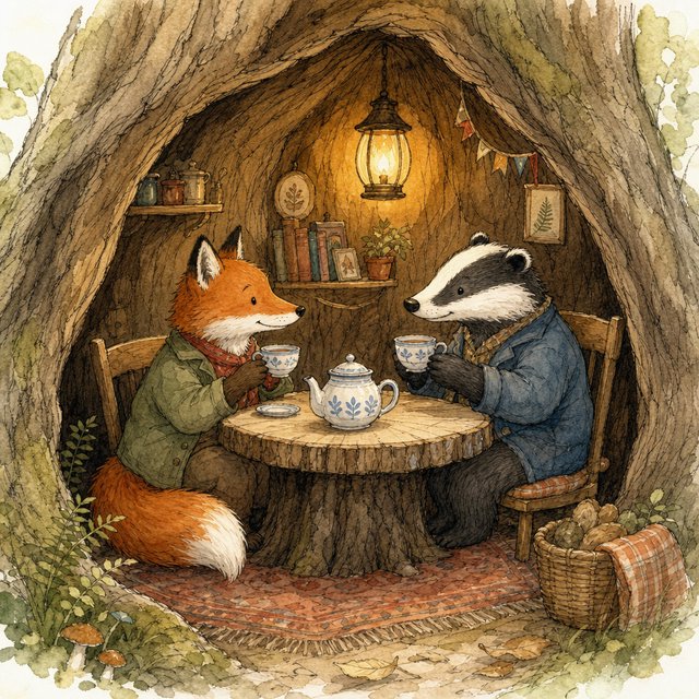 Children's book illustration of a fox and a badger sharing tea in a hollow tree, watercolour and ink, warm and gentle. — GPT Image 2