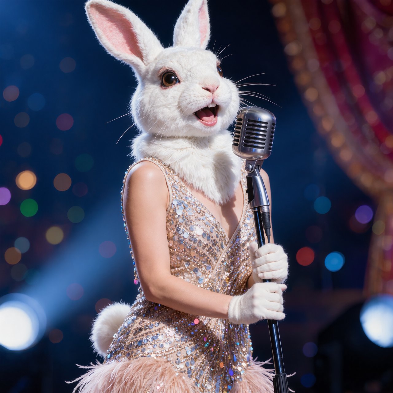 Anthropomorphic rabbit-human hybrid. No human ears visible; the areas where ears would normally be are covered by rabbit fur. A pulchritudinous East Asian 32-year-old wearing a luxurious flapper dress with a deep V split down the center, standing on stage behind a luxurious retro microphone, singing her heart out into it. Taken with a professional DSLR camera and a 35mm lens. Background bokeh, stage lights with a bloom effect. — Kling v3 Omni