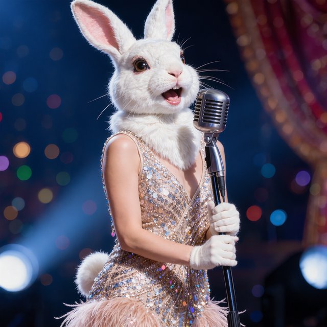 Anthropomorphic rabbit-human hybrid. No human ears visible; the areas where ears would normally be are covered by rabbit fur. A pulchritudinous East Asian 32-year-old wearing a luxurious flapper dress with a deep V split down the center, standing on stage behind a luxurious retro microphone, singing her heart out into it. Taken with a professional DSLR camera and a 35mm lens. Background bokeh, stage lights with a bloom effect. — Kling v3 Omni