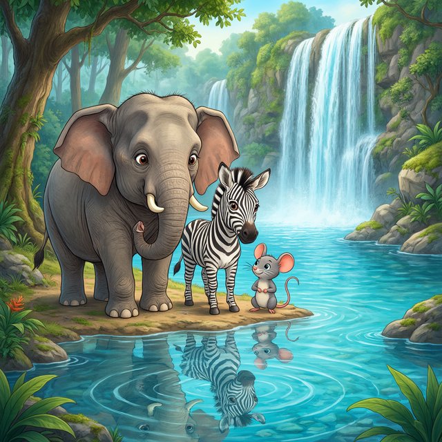 An adorable animal in a cartoon illustration, a cross between an elephant, a zebra, and a mouse. On the shore at the base of a magical waterfall flowing into a crystal-blue pond. Ripples create a wavy reflection in the water. — Qwen Image 3.0 Pro