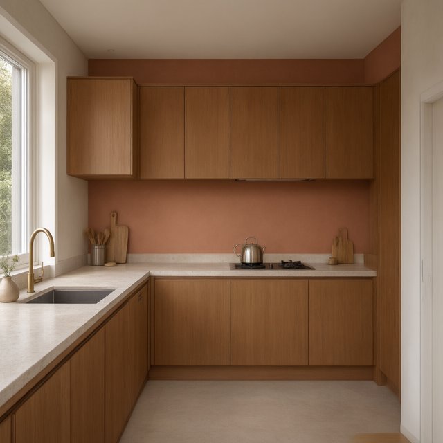 Along a galley kitchen, flat-front walnut cabinets meet pale limestone counters and a matte terracotta backsplash in restrained Scandinavian modern style; soft north-window daylight reveals the worktop from the doorway, with clean aligned lines and believable supports. — Model 17