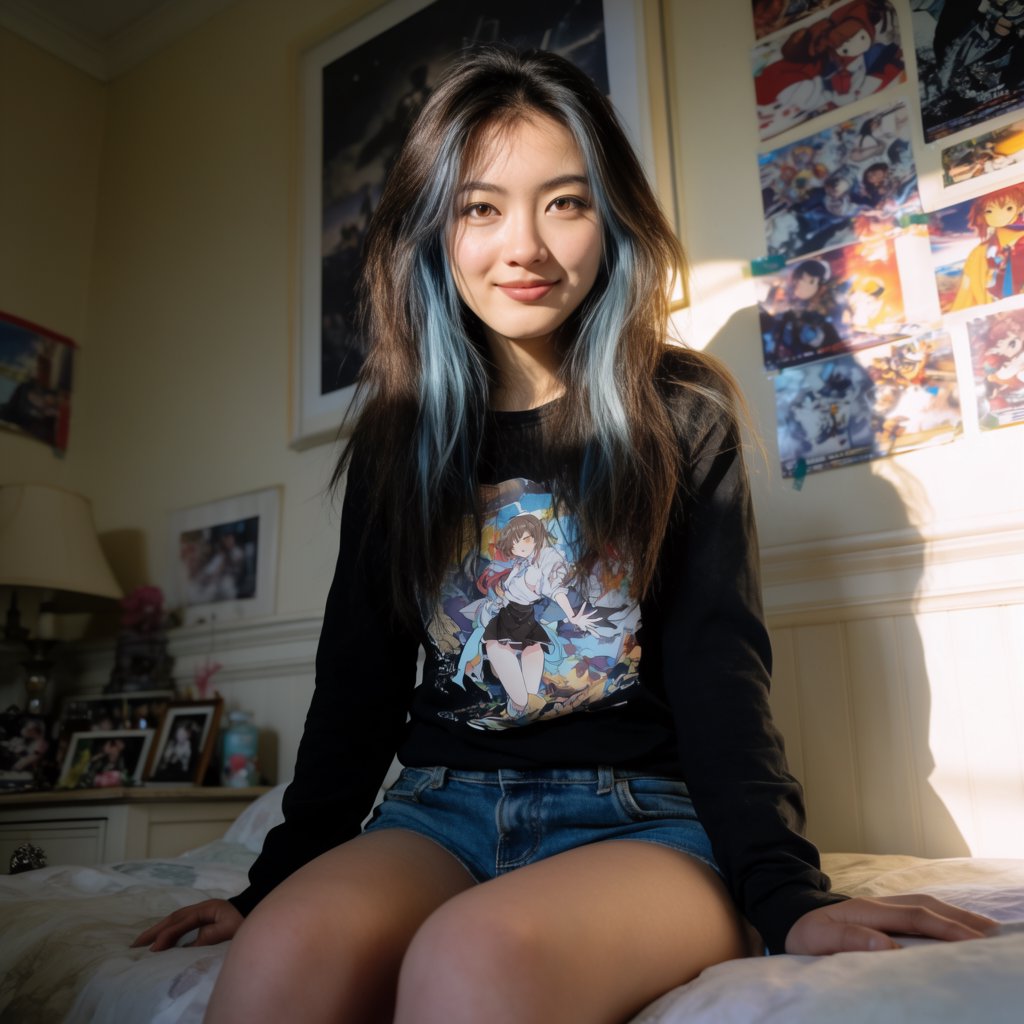 A young beautiful woman of Chinese descent, she is twenty years old, sitting in a bedroom, sitting on the edge of her bed. She is wearing a black anime-themed shirt and denim shorts. She has dark brown hair with light blue highlights, brown eyes, pale skin. Her bedroom has anime- and video game-inspired posters and trinkets. Looking at the viewer, smiling. — Krea 2 Large