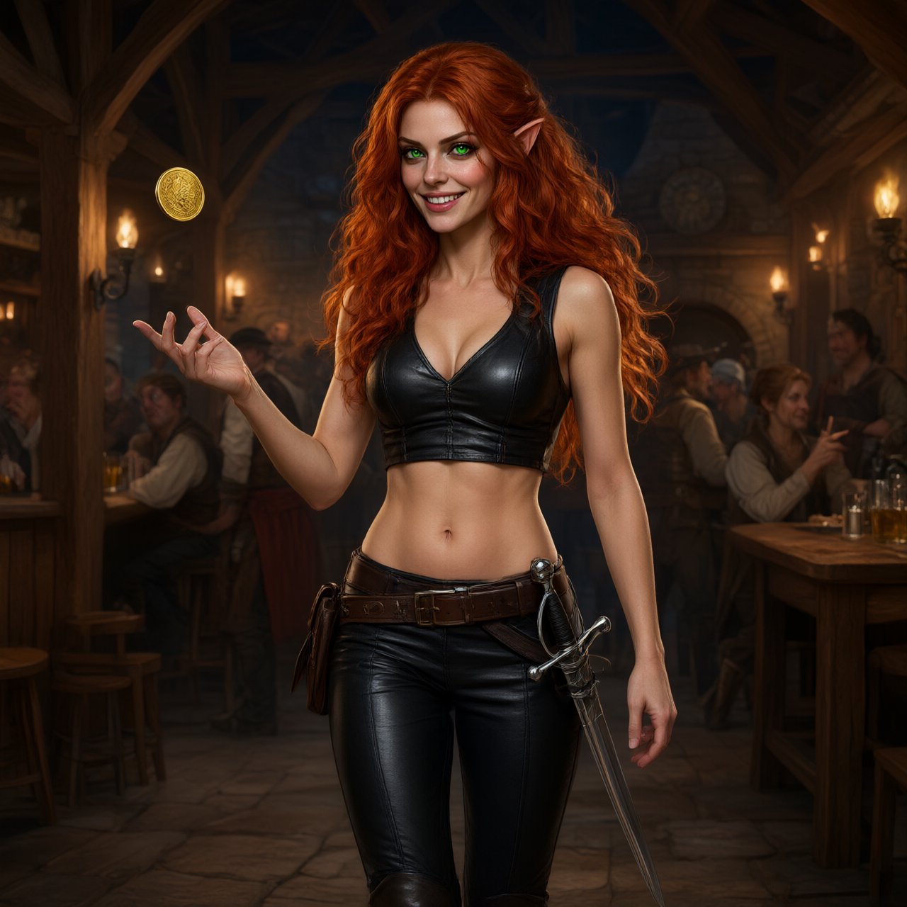 A beautiful, slim adult elf woman wearing black leather pants and a black leather crop top that leaves her belly exposed. She has stunning, intense green eyes and long, flowing, curled red hair. She is smiling; she is a rogue, with a rapier hanging from her belt. She is catwalking through a medieval fantasy tavern at night while flipping a golden coin, in a realistic fantasy style. — Qwen Image 3.0