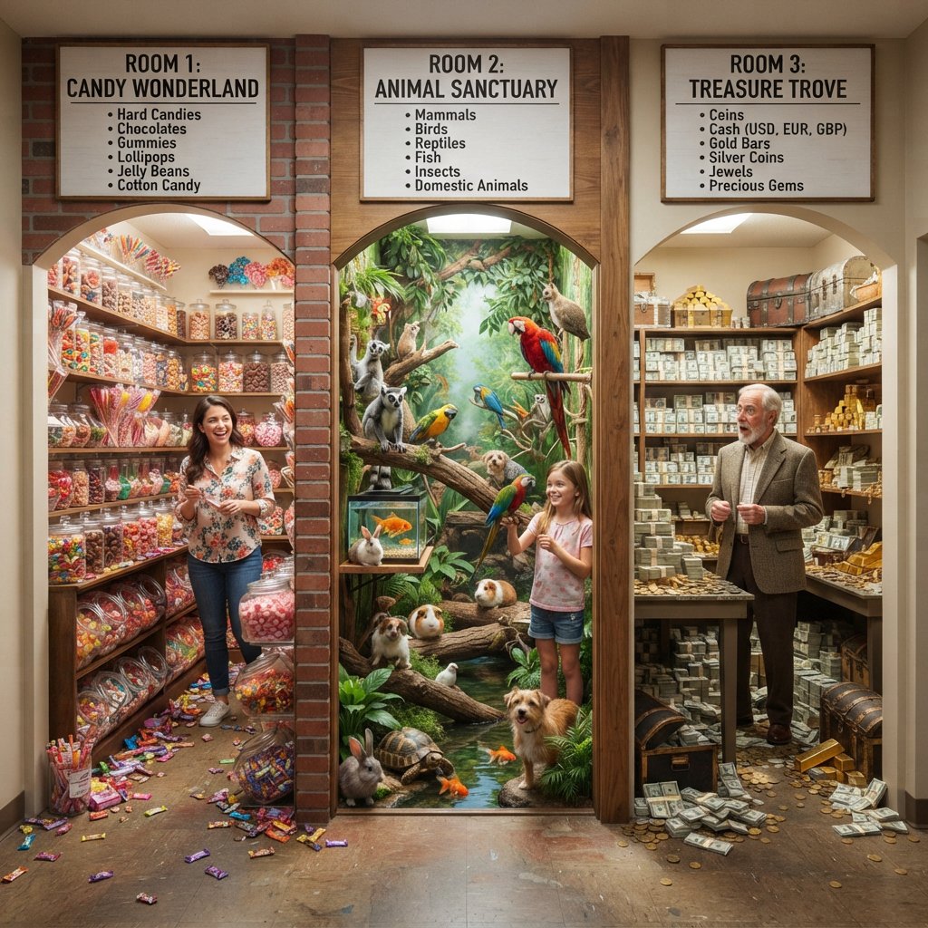 Realistic. Three scenes in one. 1) A room filled with many types of candy. 2) A room filled with many kinds of animals. 3) A room filled with all kinds of money. Above each room, a list names what is inside. — Nano Banana 2 Lite