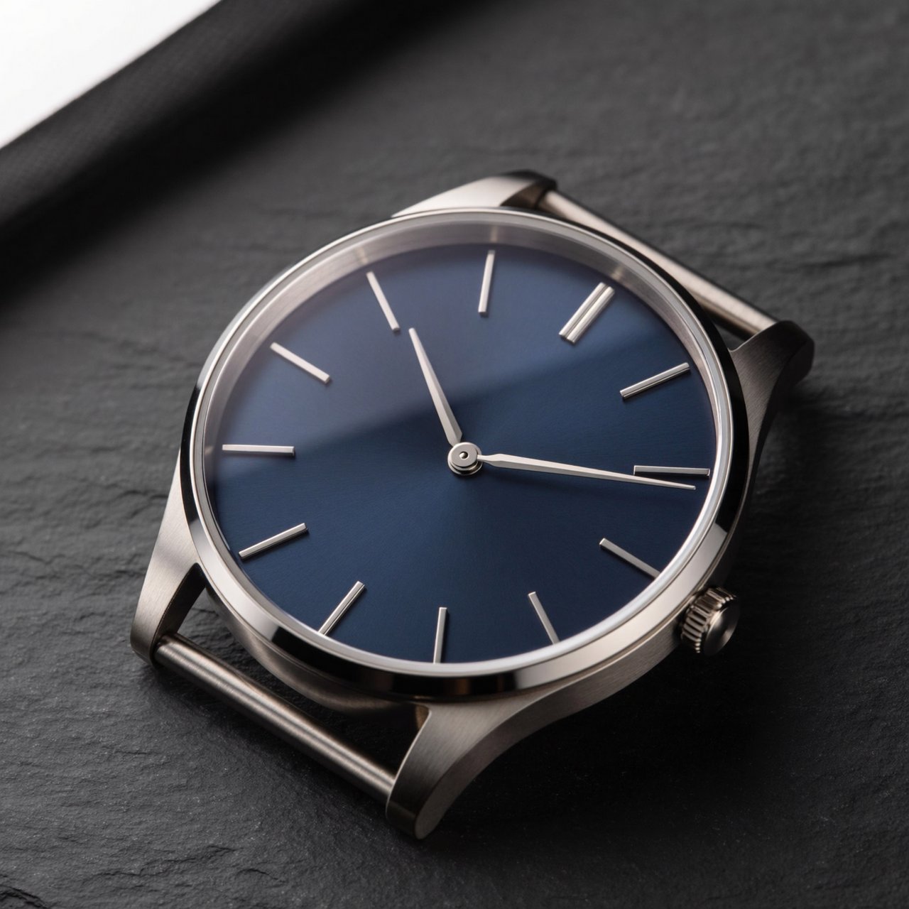 Product shot of a minimalist steel wristwatch with a navy dial on dark slate, single softbox from the upper left, subtle reflection. — ImagineArt 2