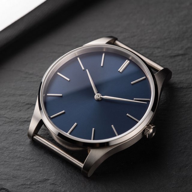 Product shot of a minimalist steel wristwatch with a navy dial on dark slate, single softbox from the upper left, subtle reflection. — ImagineArt 2