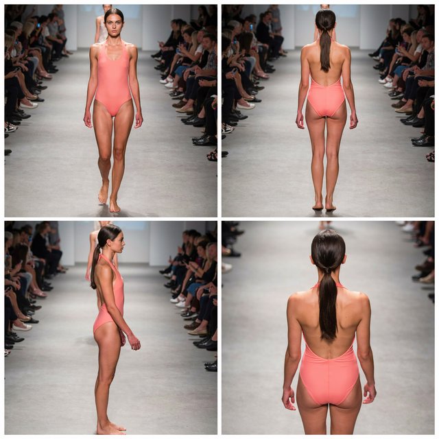 Realistic adult female models on the runway in beachwear. 4–7 models. Full front, back, side, and aerial views. — Model 4