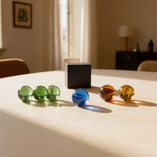 Exactly six glass marbles sit on a cream tabletop: three green marbles in a row on the left, two amber marbles in a row on the right, and one blue marble centered between the rows. A black cube sits above the blue marble, nothing else. — Kling v3
