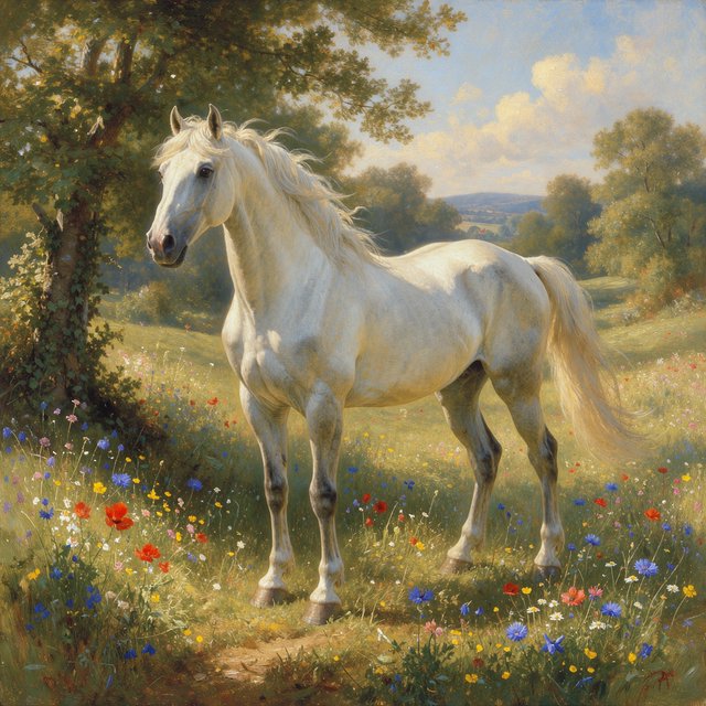 a regal white horse with a flowing mane, standing in a sun-dappled meadow filled with vibrant wildflowers. Gentle light illuminates the scene, highlighting the horse's powerful physique and the delicate details of the flowers. The style is reminiscent of Romantic era landscape paintings with a soft, impressionistic touch. — FLUX 3 Image
