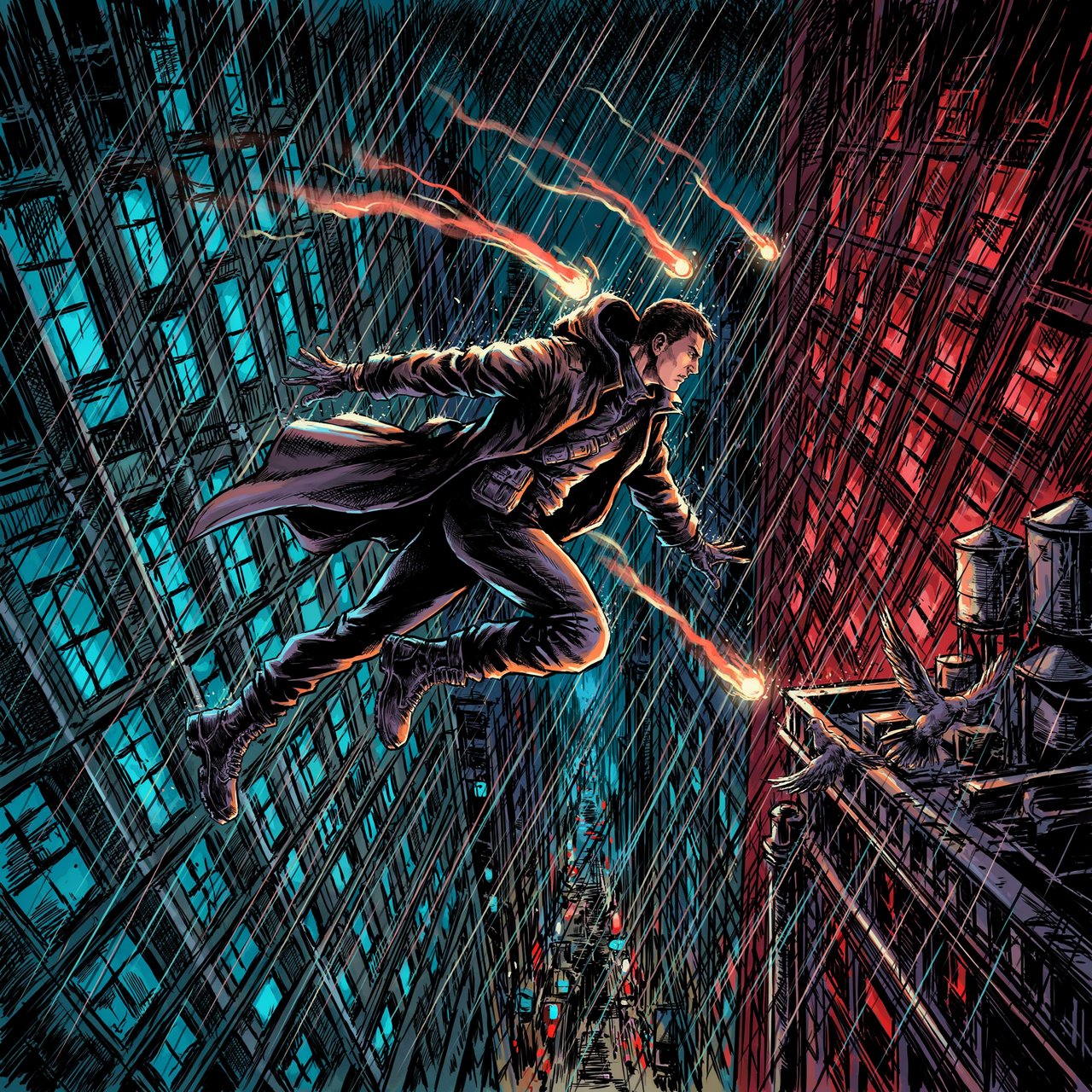 An adult rooftop courier vaults between rain-dark towers, coat snapping as signal flares streak behind; bold ink comic-panel illustration with dense halftone shadows, palette of electric cyan, vermilion, charcoal, and cream, no speech bubbles. — Ideogram v4