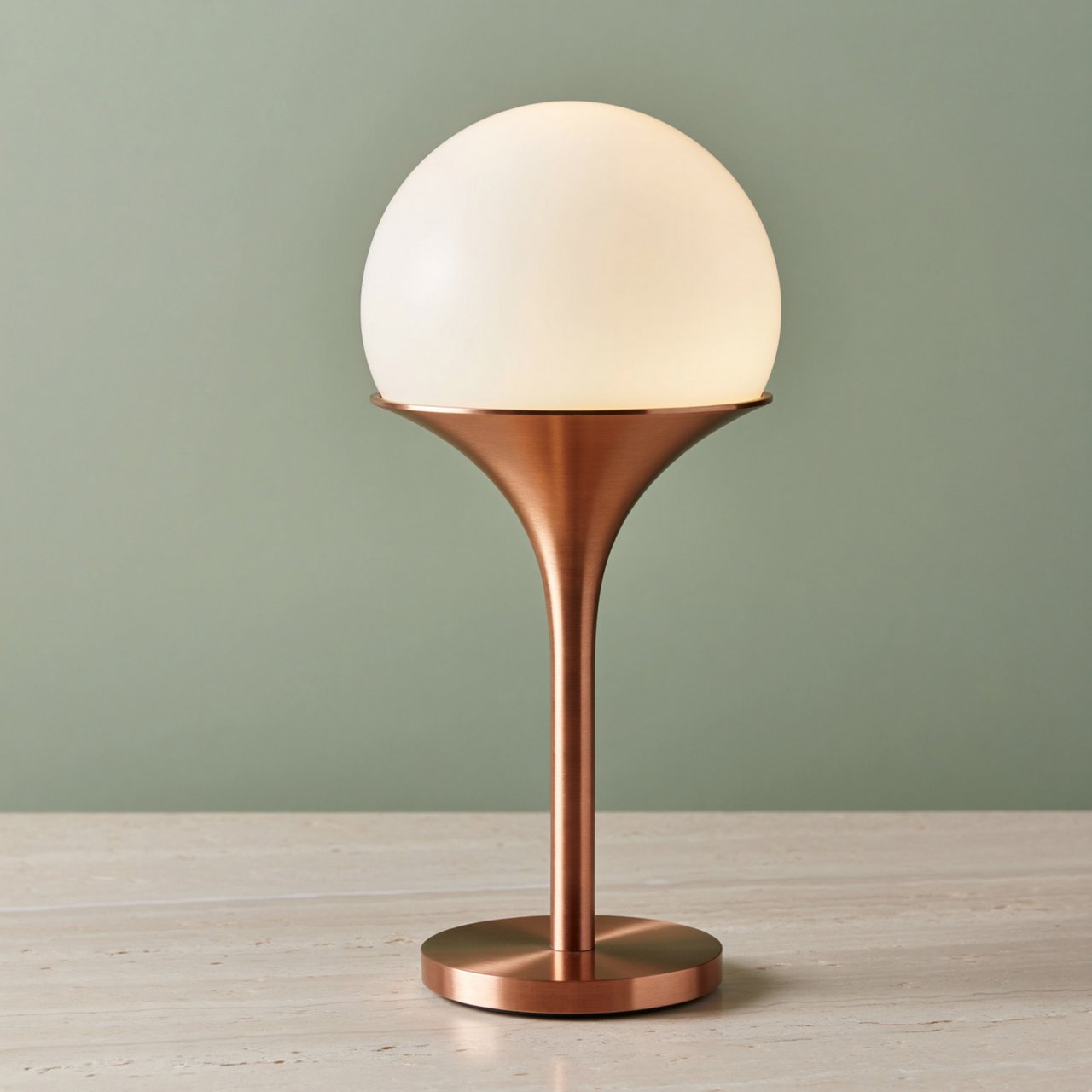 Commercial product photograph of an unbranded sculptural desk lamp with a frosted opal glass globe and brushed copper stem, standing on a pale travertine surface against a muted sage background, illuminated by soft overhead diffusion and a delicate warm rim light. — ImagineArt 2