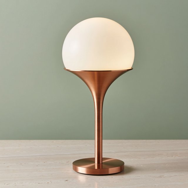 Commercial product photograph of an unbranded sculptural desk lamp with a frosted opal glass globe and brushed copper stem, standing on a pale travertine surface against a muted sage background, illuminated by soft overhead diffusion and a delicate warm rim light. — ImagineArt 2