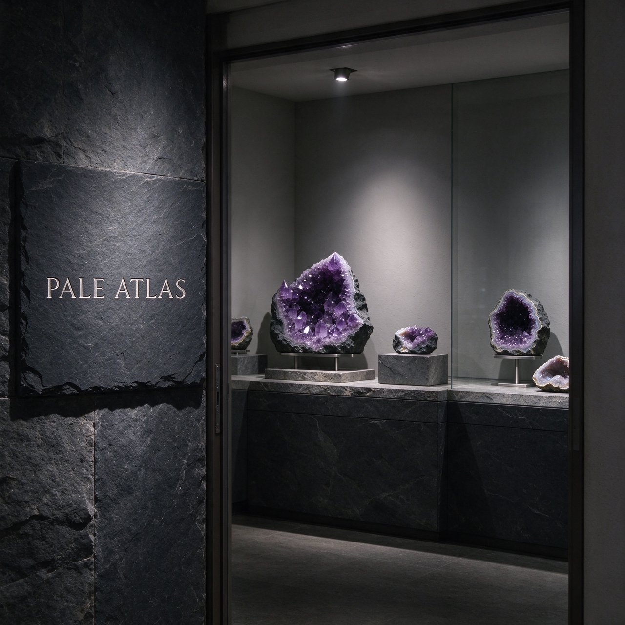 Within a quiet mineral gallery, amethyst clusters and polished geodes catch pools of light; "PALE ATLAS" is carved in clean capitals across a slate plaque beside the entrance. — Seedream 5.0 Flash