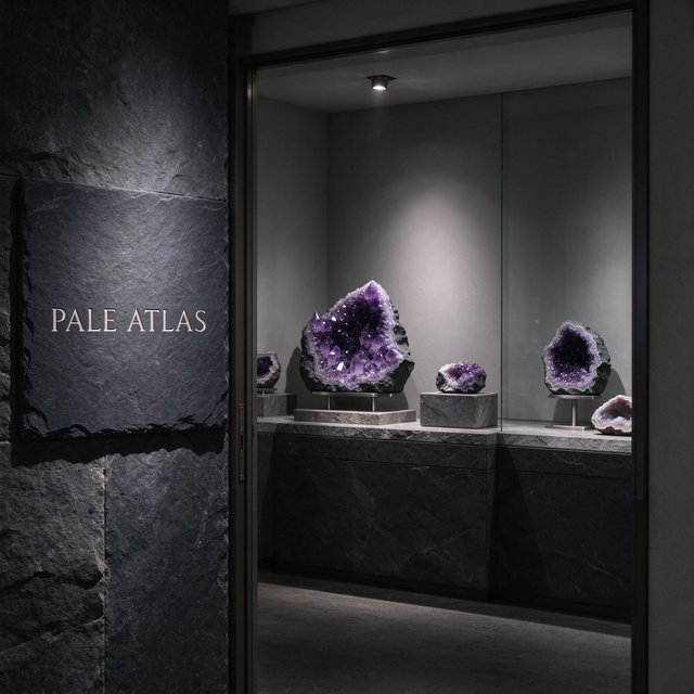 Within a quiet mineral gallery, amethyst clusters and polished geodes catch pools of light; "PALE ATLAS" is carved in clean capitals across a slate plaque beside the entrance. — Seedream 5.0 Flash