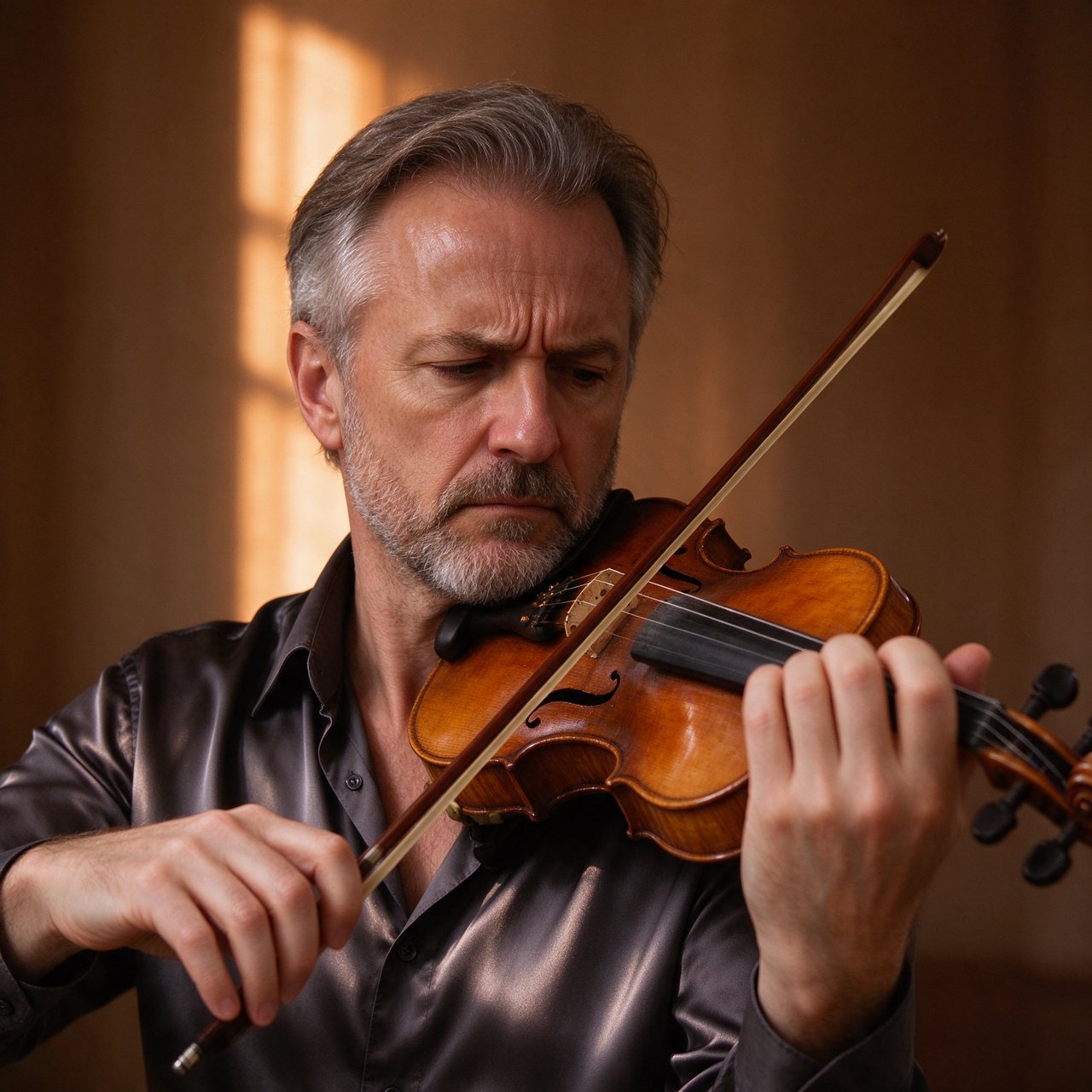 With a violin tucked close, an adult man in his early 50s draws a bow, his hands prominent, wearing a charcoal silk shirt; his intent expression is framed against a warm umber backdrop in soft amber window light, in a close portrait photograph. — Seedream 5.0 Flash