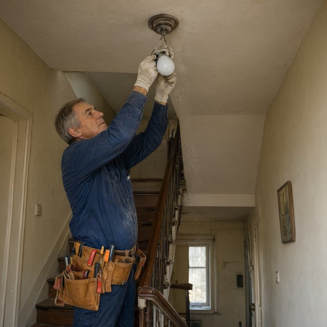 Candid documentary photograph of an adult building caretaker changing a ceiling light in a quiet apartment stairwell, pale afternoon window light, 35mm lens with moderate depth of field, plaster dust drifting from the fixture. — Qwen Image 3.0 Pro