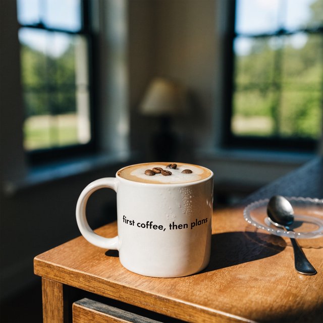 A white ceramic mug on a desk with the words "first coffee, then plans" printed in black lowercase sans-serif. — Recraft v4
