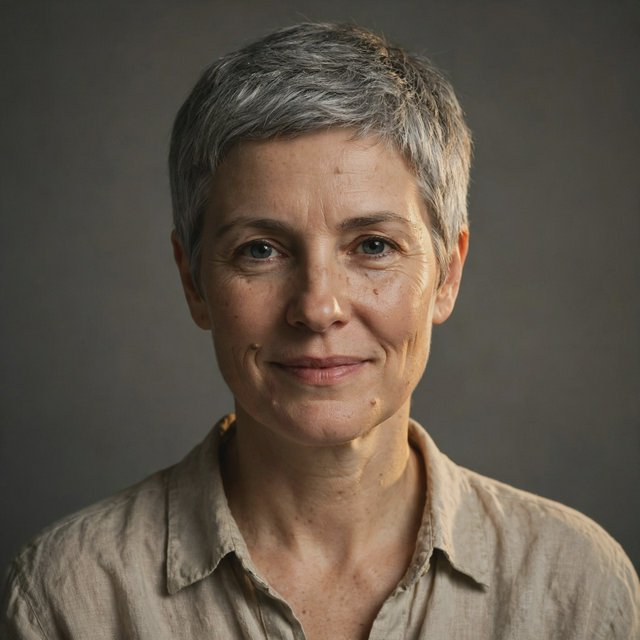 Studio portrait of a woman in her 40s with short grey hair and a linen shirt, Rembrandt lighting, neutral grey backdrop, slight smile. — Muse Image 1.0