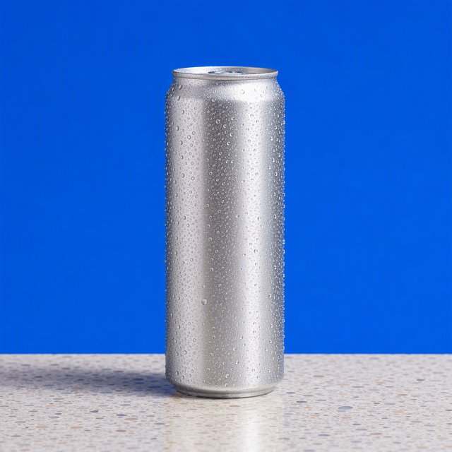 A slim, unbranded sparkling-water can of brushed aluminum, beaded with condensation, stands on a pale terrazzo surface against a seamless electric-blue background; broad overhead diffusion and a crisp side strip create clean highlights, with no lettering or graphics. — GPT Image 2