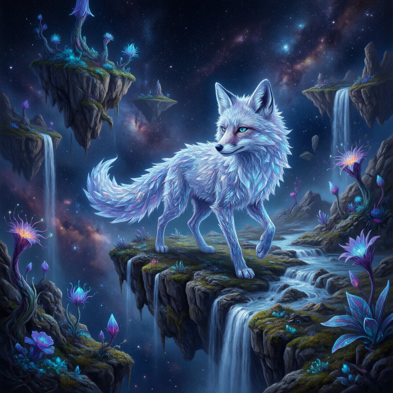 An ethereal fox with crystalline fur navigates a landscape of floating islands. Waterfalls cascade into the starry abyss below, and strange, alien flora sprouts from glowing rocks. This is a magical realism painting, infused with the wonder of distant galaxies. — Qwen Image 3.0