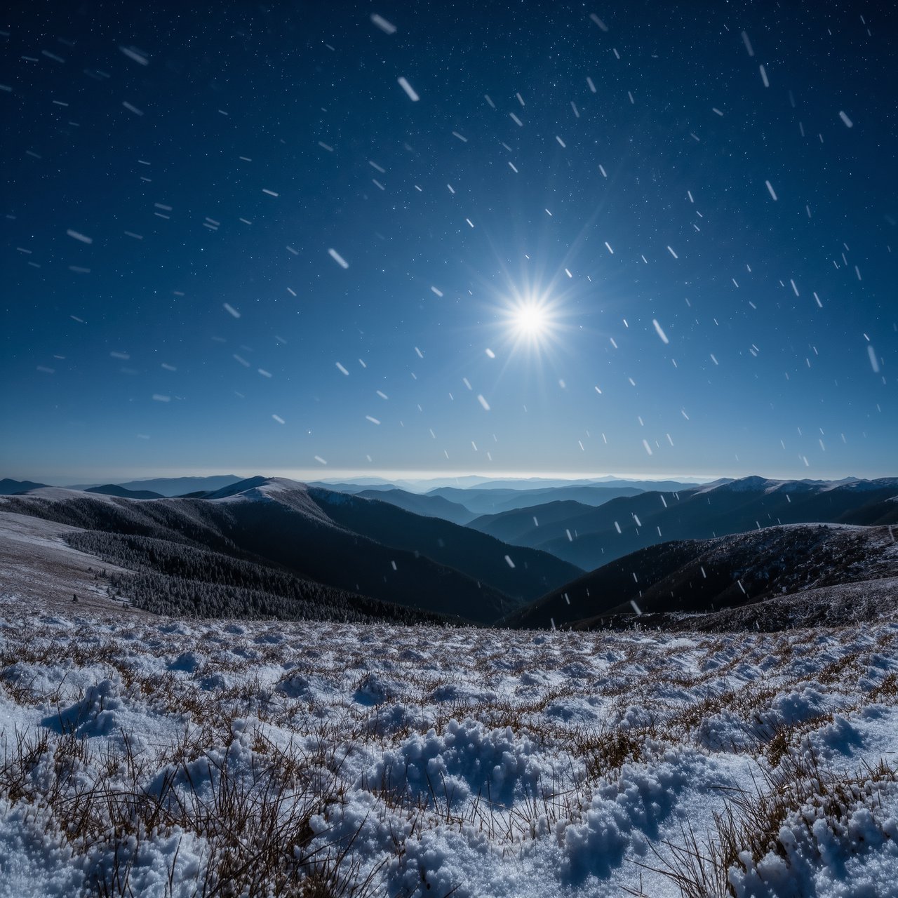 Moonlight washes a snowbound high plateau beneath sharp stars, while dry flurries cross the midnight air; frost feathers the foreground tussocks, and dark, rolling ridgelines recede into a blue-black distance. — Kling v3 Omni