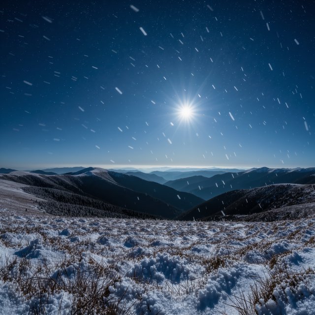 Moonlight washes a snowbound high plateau beneath sharp stars, while dry flurries cross the midnight air; frost feathers the foreground tussocks, and dark, rolling ridgelines recede into a blue-black distance. — Kling v3 Omni