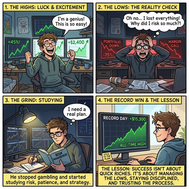 An image depicting the highs and lows of trading, in at least four panels. It ends with a very green day, record profits, and a lesson. — Model 15