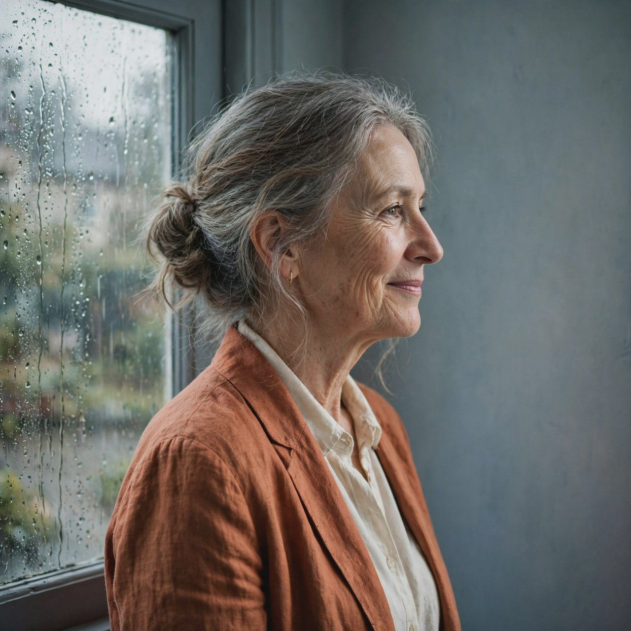By a rain-streaked studio window, an adult woman in her early 60s turns in profile for a portrait photograph, wearing a copper-colored linen jacket over a cream cotton blouse. Her quietly amused expression rests against a muted blue-gray wall, shaped by cool, soft window light. — Muse Image 1.0