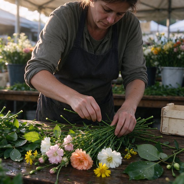 Candid documentary photograph of an adult florist arranging loose stems at an outdoor market stall, soft early-morning side light, 50mm lens with shallow depth of field, tiny water droplets beading on the cut leaves. — Seedream 5.0 Flash