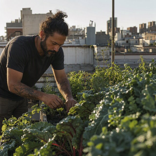 Candid documentary photograph of an adult tending a rooftop vegetable garden in the late afternoon, soft side light, 50mm lens with moderate depth of field, water droplets glinting on freshly watered leaves. — GPT Image 2
