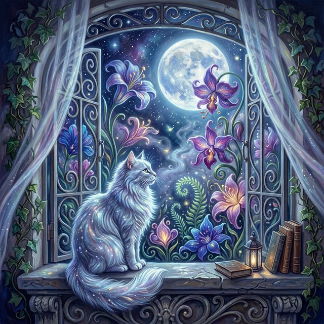A whimsical cat with fur like spun moonlight sits on a windowsill overlooking a dreamlike garden. The garden is filled with oversized, fantastical flowers rendered in a soft, painterly style, with elements of Art Nouveau curves in the plant designs. The overall mood is serene and enchanting. — Model 15