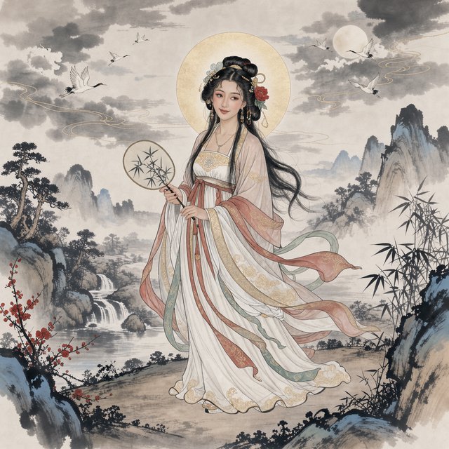 Heaven above, earth below. Ink-painting studio. Chinese painting style. Alluring. Peerless adult beauty. Radiant. — FLUX 3 Image