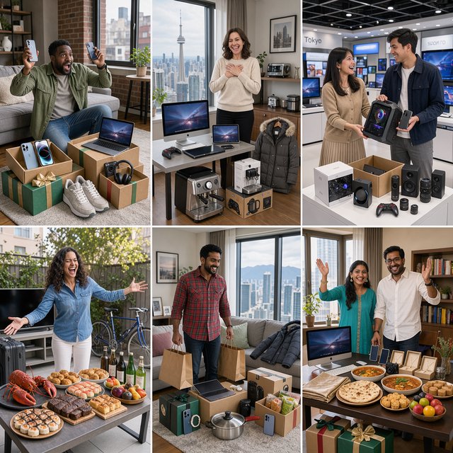 Realistic. Adults in the U.S., Canada, and Asia getting a ton of expensive free stuff (phones, PCs, nice food, and all kinds of other things). 4–6 panels. The adults react in the way one would expect as a result. — FLUX 3 Image
