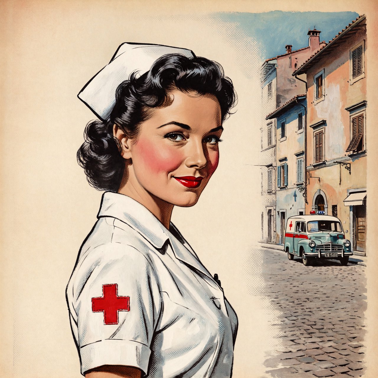 A digital illustration depicts an attractive vintage-style nurse with fair skin and dark, curly hair styled in waves reminiscent of past decades. She wears red lipstick, a white nurse's cap, a uniform, and a cross emblem on her sleeve. A classic European street scene featuring an ambulance and old buildings forms the background. — ImagineArt 2