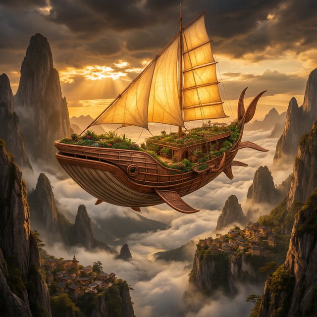 A vast, whale-shaped sky barge sails between mountain spires, its copper ribs supporting gardens and glowing sailcloth. Below, cloud rivers curl around tiny cliff villages as sunset pours through storm breaks, outlining the vessel in molten gold. — Qwen Image 3.0