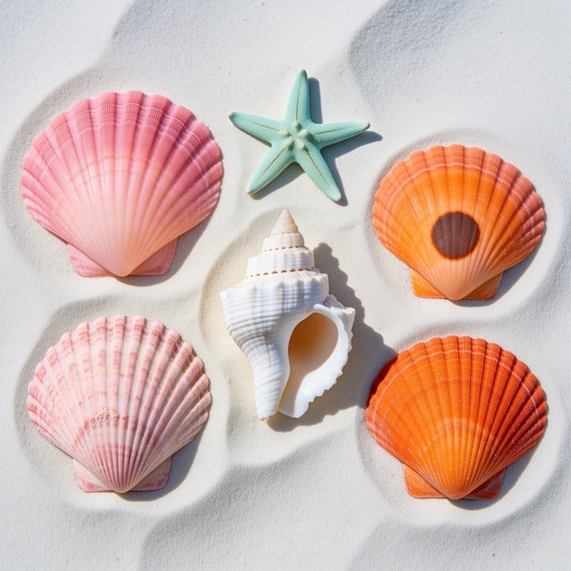 Exactly five seashells lie on pale sand: two pink shells on the left, one white shell in the center, and two orange shells on the right. A turquoise starfish sits above the center shell, nothing else. — Krea 2 Medium