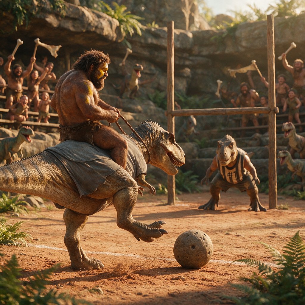 Wide shot of a golden-hour prehistoric football match, photorealistic, cinematic. A weathered, muscular adult caveman with ochre face paint sits upright on a plump medium T-Rex's back, gripping a braided leather leash. The mounted T-Rex strains mid-kick, wearing a tiny faded grey cotton T-shirt riding up over its scaled shoulders and frayed athletic shorts bunched at its hips, one massive clawed foot cocked back behind a pockmarked 3ft stone football. A weathered timber goalpost stands 20 yards ahead; the opposing T-Rex goalie hunches ready in a sleeveless striped jersey #1 and grass-stained shorts, claws dug into dusty red earth. Sunlit bleachers line the natural rock arena: cheering adult cave families wave bone flags, assorted small dinosaurs bounce and roar along the sidelines, warm late-afternoon light gilds fern fronds and dinosaur scales, soft long shadows stretch across the playing field, playful triumphant atmosphere, sharp focus on the kicking T-Rex, shallow depth of field on spectators. — Seedream 5.0 Pro