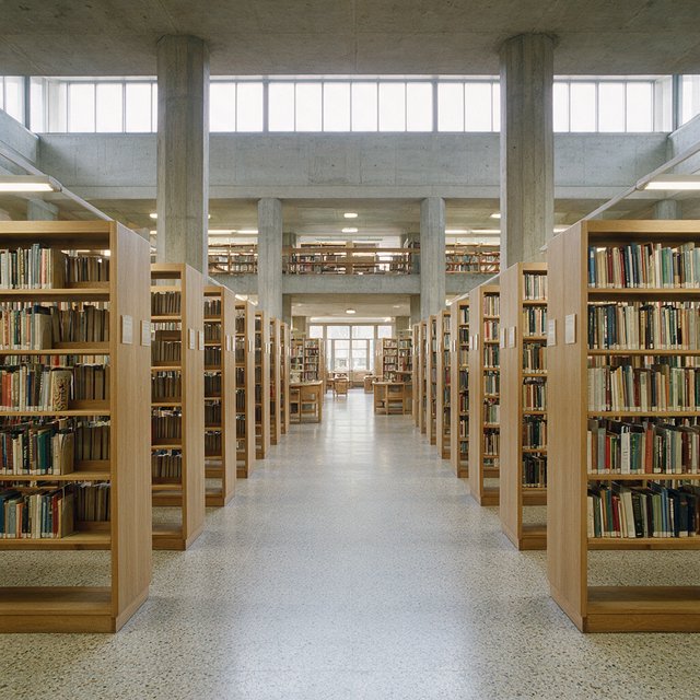 Interior of a mid-century modernist public library, with pale oak shelving, exposed concrete columns, terrazzo flooring, and a broad clerestory. Diffuse morning light crosses the reading hall, viewed from the entrance down its central aisle, with precise lines and plausible structure. — Seedream 5.0 Pro