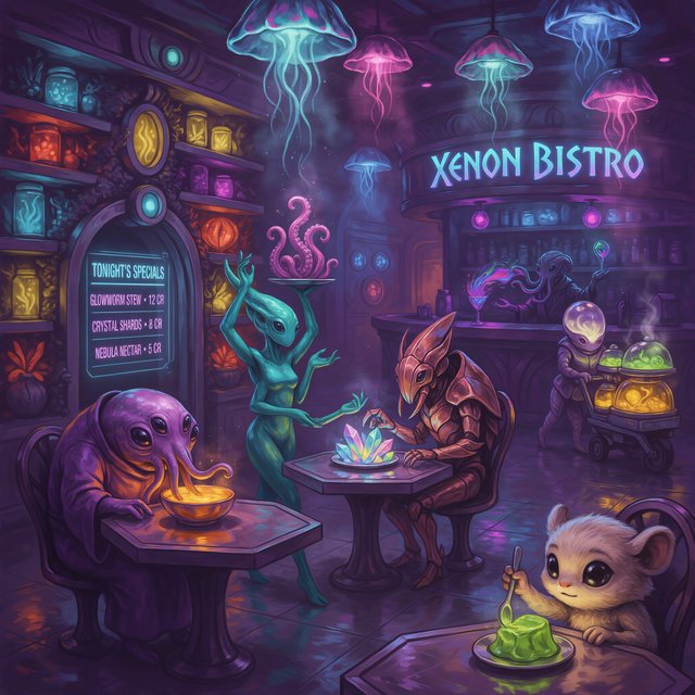 An alien restaurant on a strange planet. The interior is well lit, but the décor is very strange and out of this world. Alien waitresses are bringing in platters of food. Alien diners are eating very unusual dishes. — Ideogram v4
