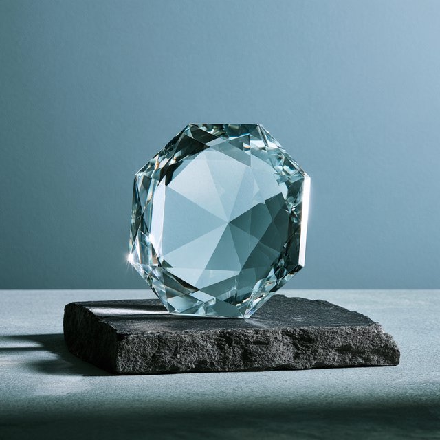 An unbranded, unmarked faceted optical-glass paperweight rests on charcoal slate against a pale blue-gray background; broad diffused studio light and a narrow side highlight reveal crisp internal refractions and bright edge reflections. — Midjourney V8.2