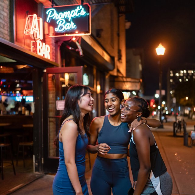 Photorealistic image, late at night. The image shows a pretty 21-year-old Japanese woman wearing a blue dress that fits her body. Next to her is a pretty 24-year-old Indian woman wearing a crop top and leggings that fit her. Another is a pretty Black woman, age 23–27, wearing gym wear and glasses. They are having a group photo in front of a bar called “AI Prompt’s Bar.” The image shows full front, back, and side views of the women. Vibe: busy friends who finally made time to hang out. — ImagineArt 2