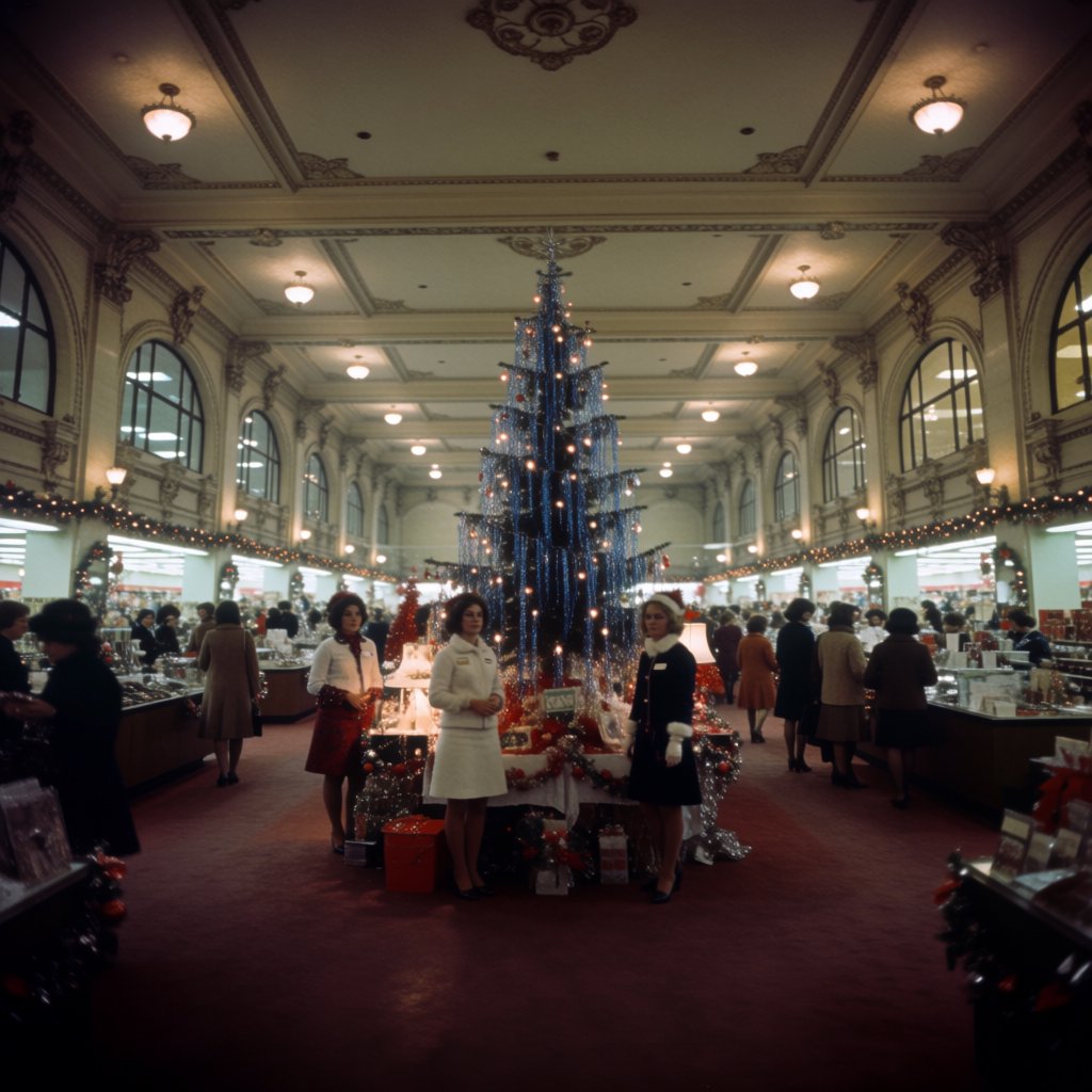 A UK department store in the 1970s at Christmas time. The lighting and decor will be very festive, with staff members dressed in festive outfits. — Krea 2 Medium