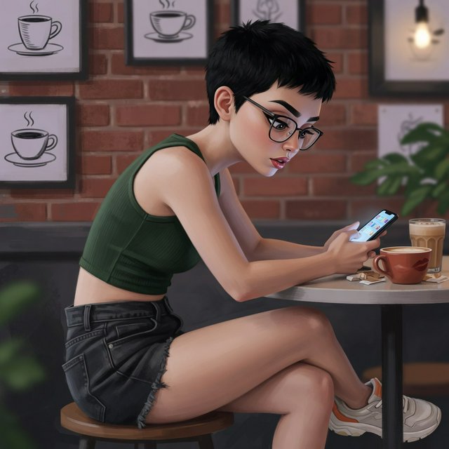 SUBJECT: Side view of a young woman seated at a cafe table, beautiful legs crossed, reading her phone. CHARACTER: 25-year-old woman with an extremely short black pixie cut, all hair under one inch. Stylish glasses, tight dark green ribbed tank top, bare midriff, shorts, comfortable shoes. SETTING: Trendy urban cafe, red brick walls decorated with framed sketches of coffee mugs. STYLE: Stylized semi-realistic digital painting, animation-inspired characters and environments. Expressive faces, large eyes, strong brows, simplified anatomy, convincing 3D volume and depth. Painterly shape-based rendering, minimal outlines, soft blended shading, broad angular brushstrokes. Luminous colors, warm undertones, restrained highlights. Hair and textures rendered in sculpted masses with selective fine detail. Muted charcoal and earthy palette, soft directional light, cohesive shadows, atmospheric depth. Detailed eyes and lips, simplified backgrounds, loose edges, unfinished brushwork. — Model 6