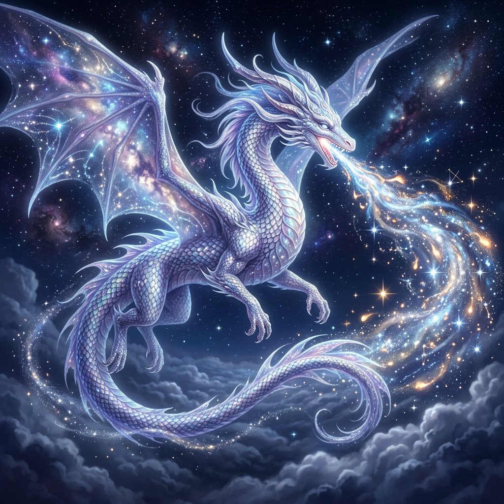 A beautiful, ethereal dragon flying through the skies breathing star flames. Detailed scales. — Nano Banana 2.1
