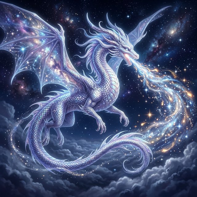 A beautiful, ethereal dragon flying through the skies breathing star flames. Detailed scales. — Nano Banana 2.1