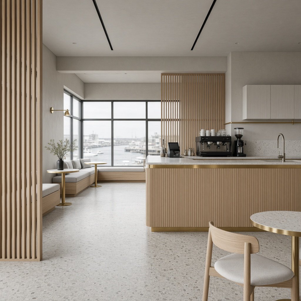 Inside an empty harbor café, restrained Danish modern design pairs ash slat screens, pale terrazzo, and brushed brass; overcast window light reaches the counter, viewed from the entrance, with aligned joinery and believable supports. — Grok Imagine Image 2