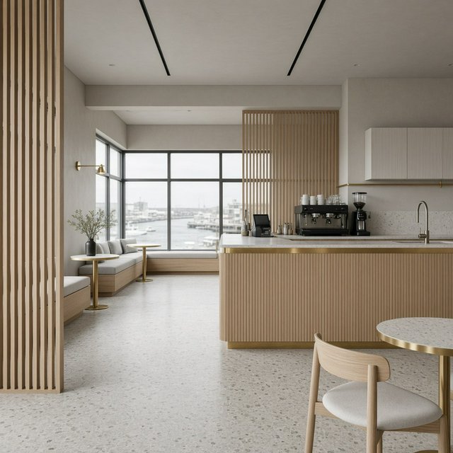 Inside an empty harbor café, restrained Danish modern design pairs ash slat screens, pale terrazzo, and brushed brass; overcast window light reaches the counter, viewed from the entrance, with aligned joinery and believable supports. — Model 5