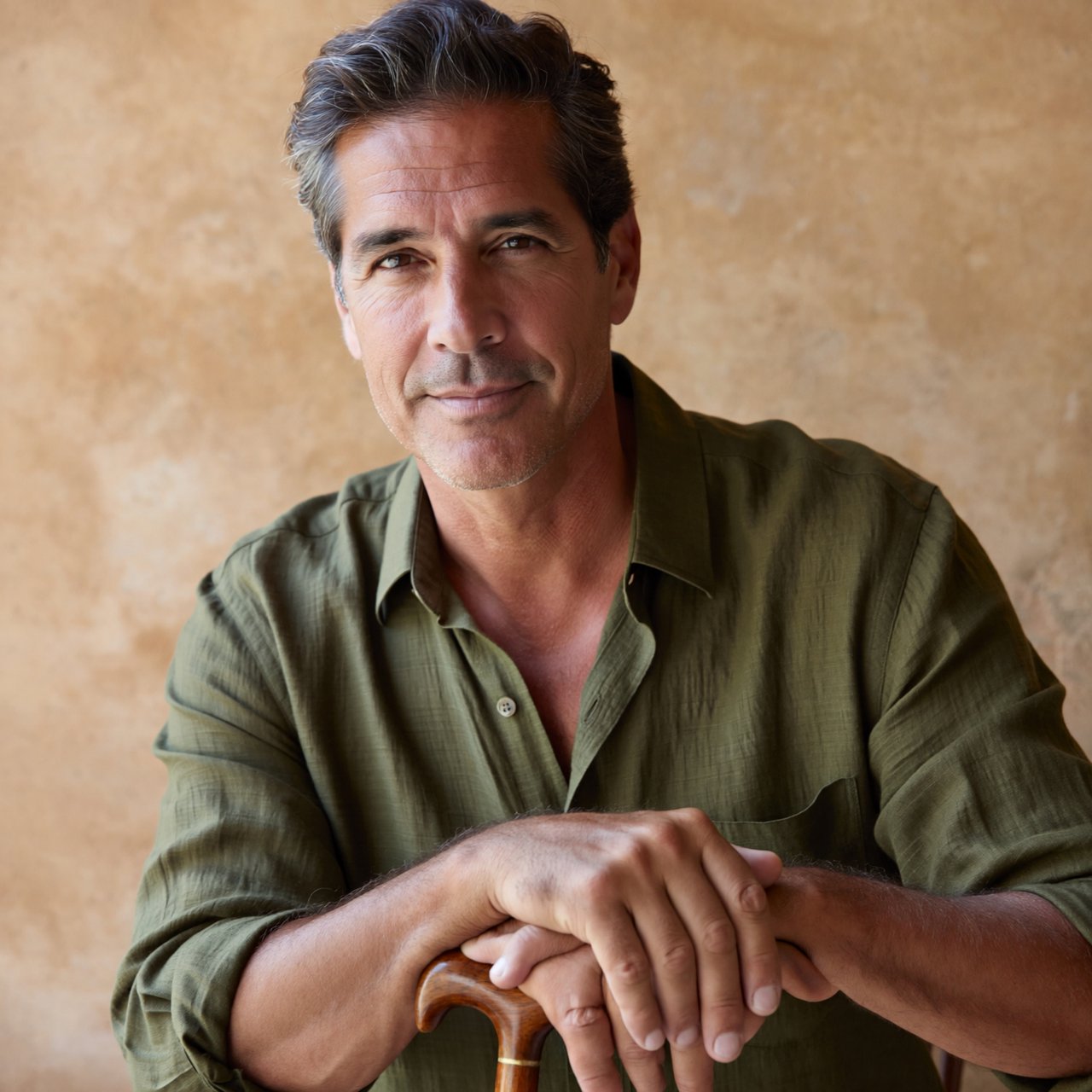 Portrait photograph of an adult man in his 40s with silver-streaked hair, wearing a textured olive linen shirt and rolled sleeves, hands resting on a wooden cane, relaxed expression, ochre plaster backdrop, soft window light from the side. — ImagineArt 2