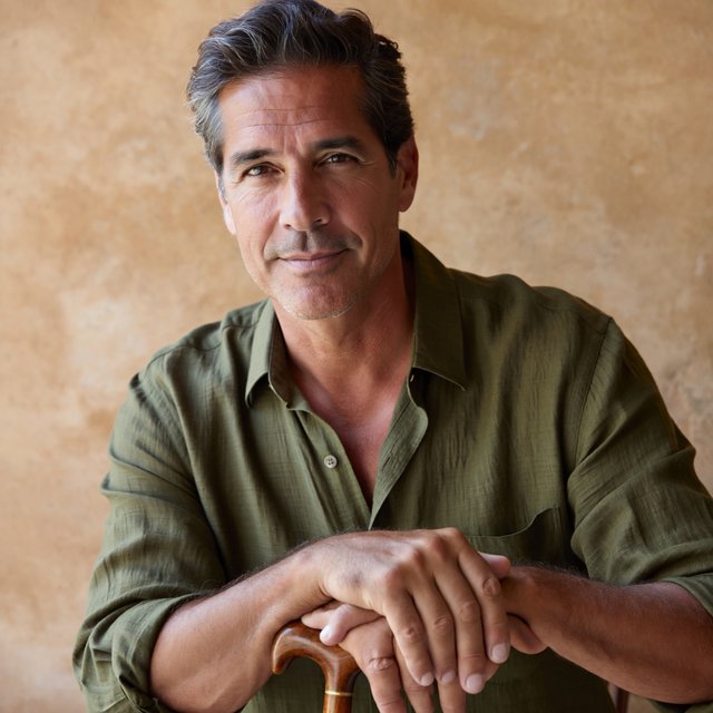 Portrait photograph of an adult man in his 40s with silver-streaked hair, wearing a textured olive linen shirt and rolled sleeves, hands resting on a wooden cane, relaxed expression, ochre plaster backdrop, soft window light from the side. — ImagineArt 2